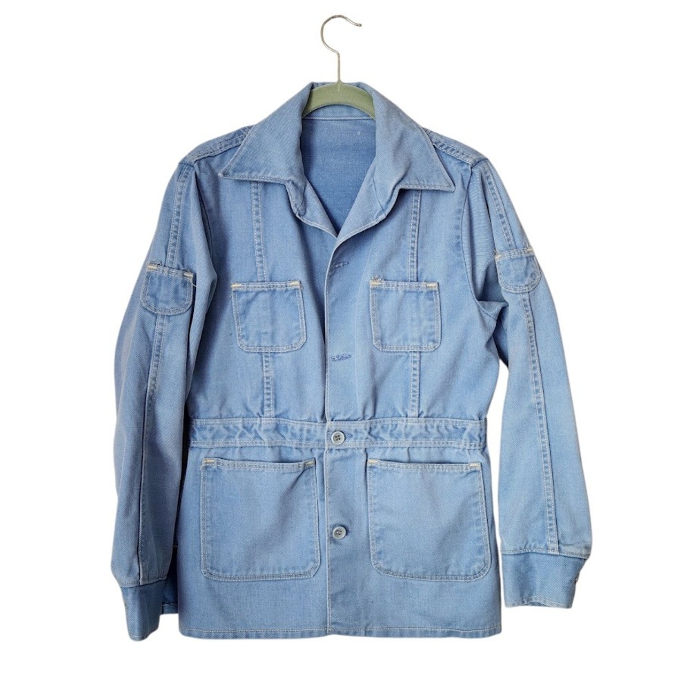 VINTAGE 70s Light Wash Denim Utility Jacket Chore Coat Button Front Pockets